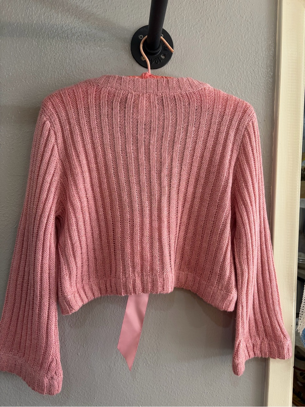 Pink Ribbed Tie-Front Cropped Sweater - Picture 2 of 3